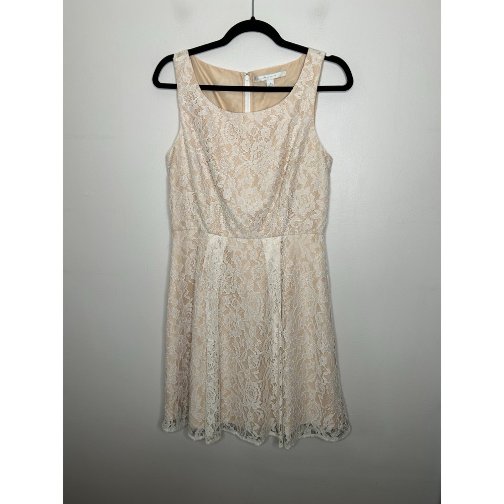 Lauren Conrad LC Women's Champagne Cream Lace Fit Flare Lined Zip Dress Size 10